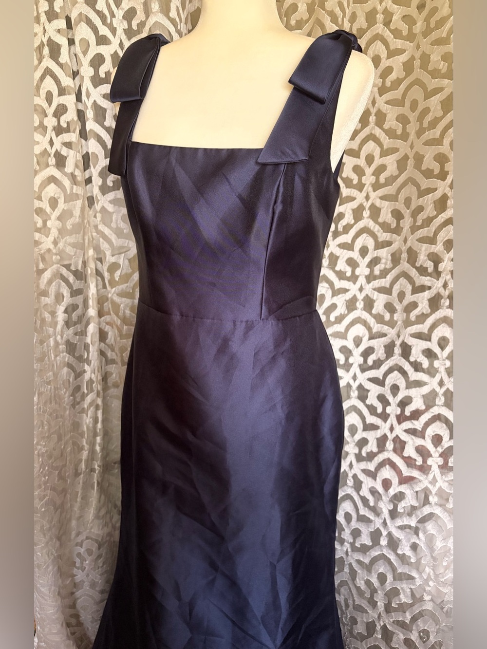 ALFRED SUNG Winslet Navy Satin Square Neck Trumpet Maxi Gown w/ Bow Shoulders 8 - Picture 3 of 8